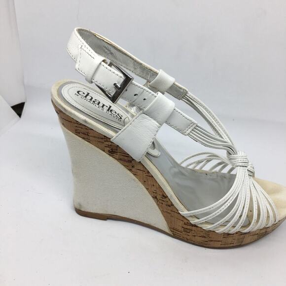 Charles white leather heels , wedge heel white strappy style straps silver clasp - Picture 3 of 6